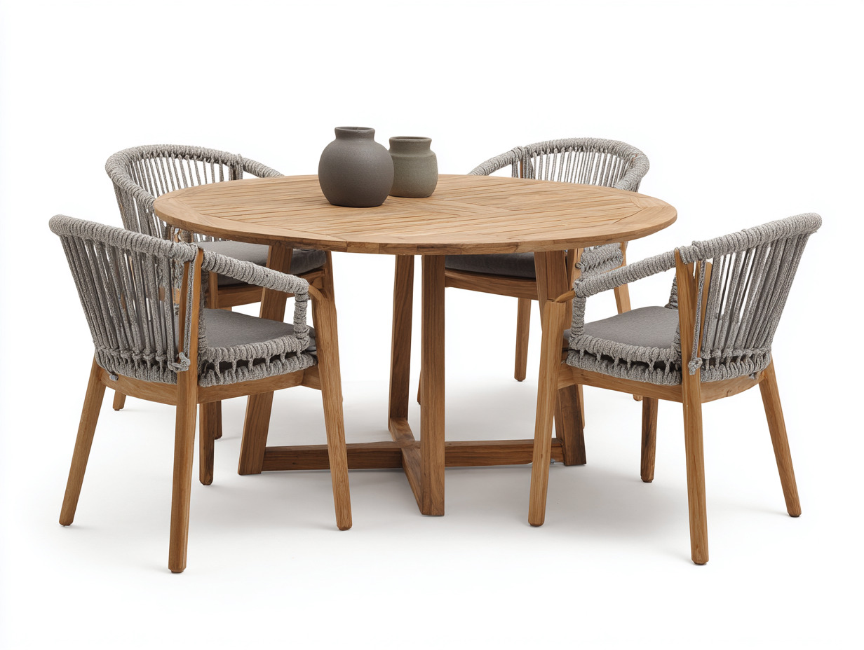Garten-Essgruppe – Teakholz/Rope – Tisch 120×120×75 cm / Stuhl 58×55×80 cm – natur/grau – für Outdoor und Garten – modernes Design-Villaota