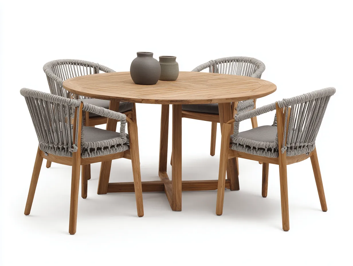 Garten-Essgruppe – Teakholz/Rope – Tisch 120×120×75 cm / Stuhl 58×55×80 cm – natur/grau – für Outdoor und Garten – modernes Design-Villaota