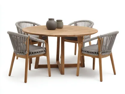 Garten-Essgruppe – Teakholz/Rope – Tisch 120×120×75 cm / Stuhl 58×55×80 cm – natur/grau – für Outdoor und Garten – modernes Design-Villaota