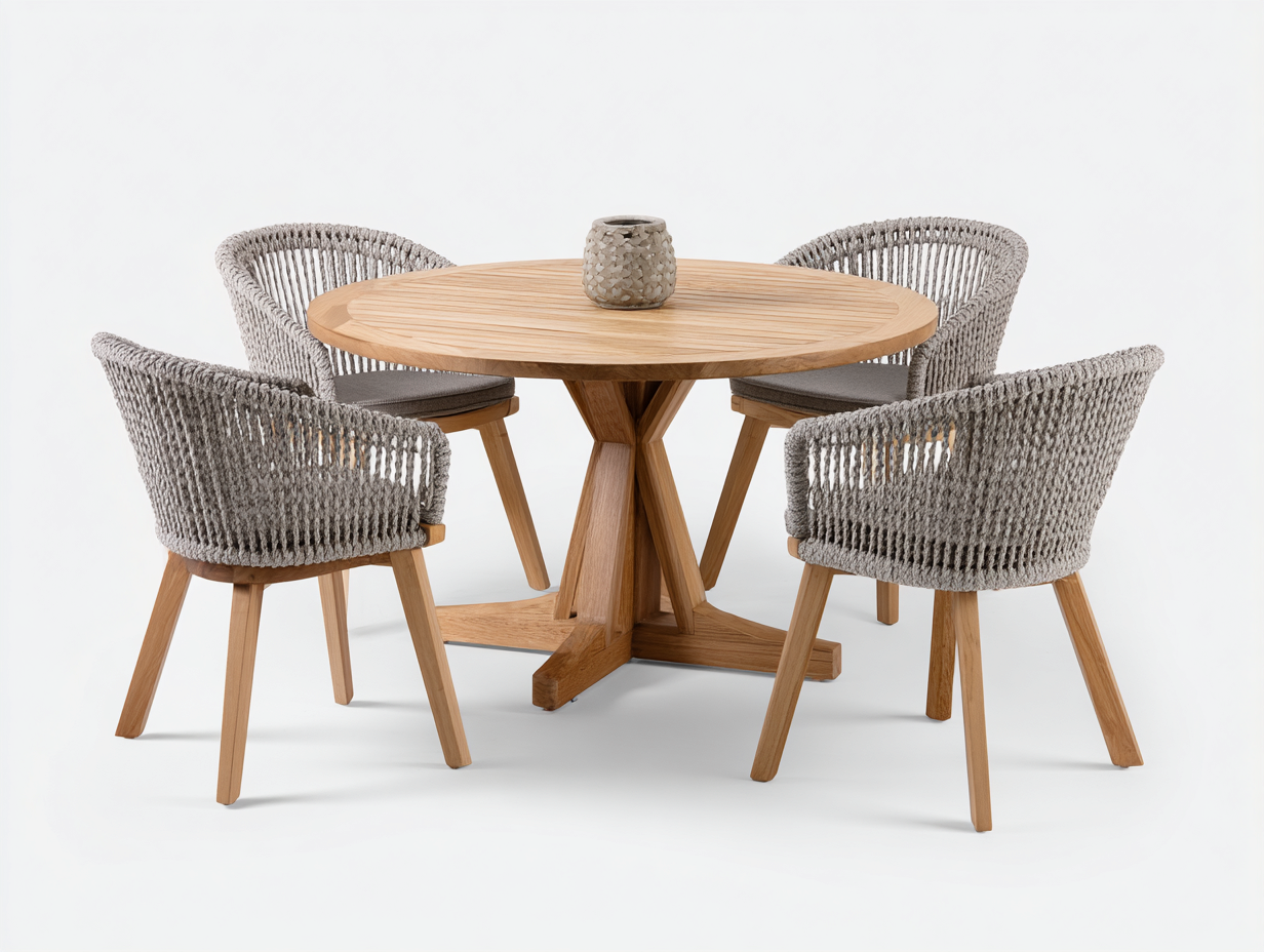 Garten-Essgruppe – Teakholz/Rope – Tisch 120×120×75 cm / Stuhl 57×54×78 cm – natur/grau – für Outdoor und Garten – modernes Design-Villaota
