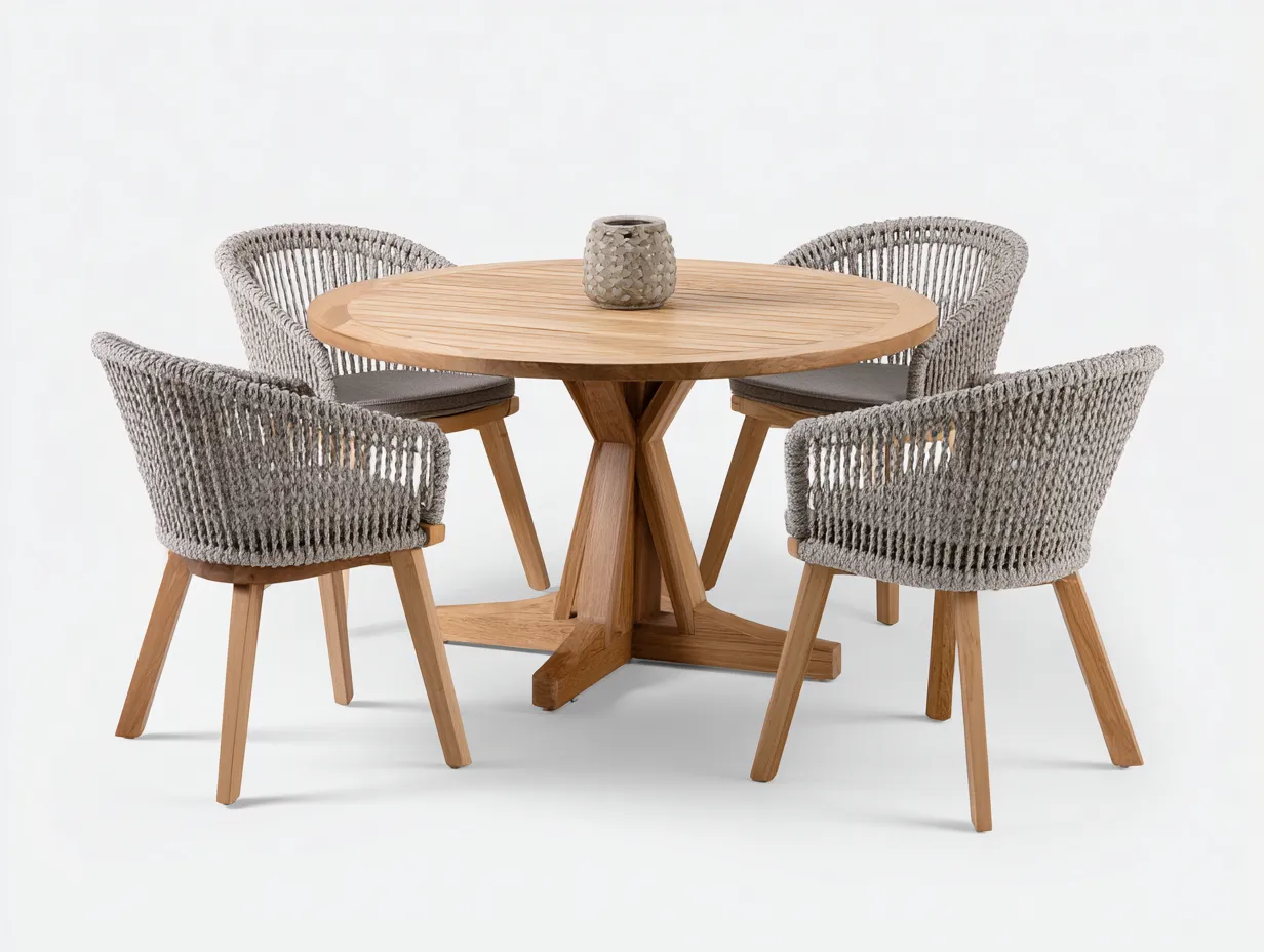 Garten-Essgruppe – Teakholz/Rope – Tisch 120×120×75 cm / Stuhl 57×54×78 cm – natur/grau – für Outdoor und Garten – modernes Design-Villaota