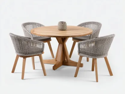 Garten-Essgruppe – Teakholz/Rope – Tisch 120×120×75 cm / Stuhl 57×54×78 cm – natur/grau – für Outdoor und Garten – modernes Design-Villaota