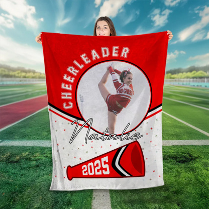 Personalized Cheerleader Blanket with Custom Name, Photo, and Year Design