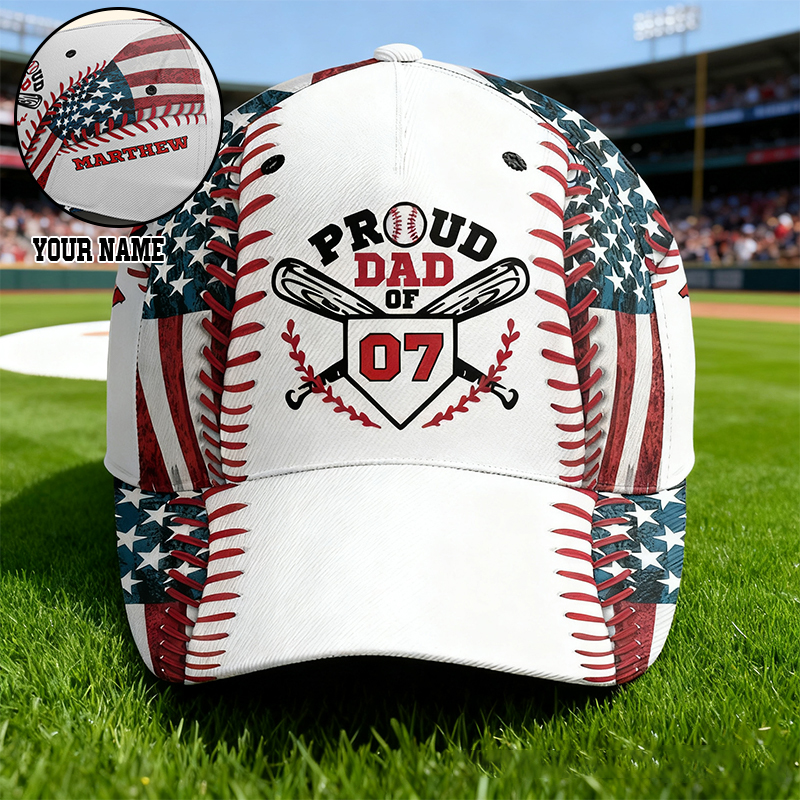 Personalized Proud Dad Baseball Cap with American Flag and Custom Details