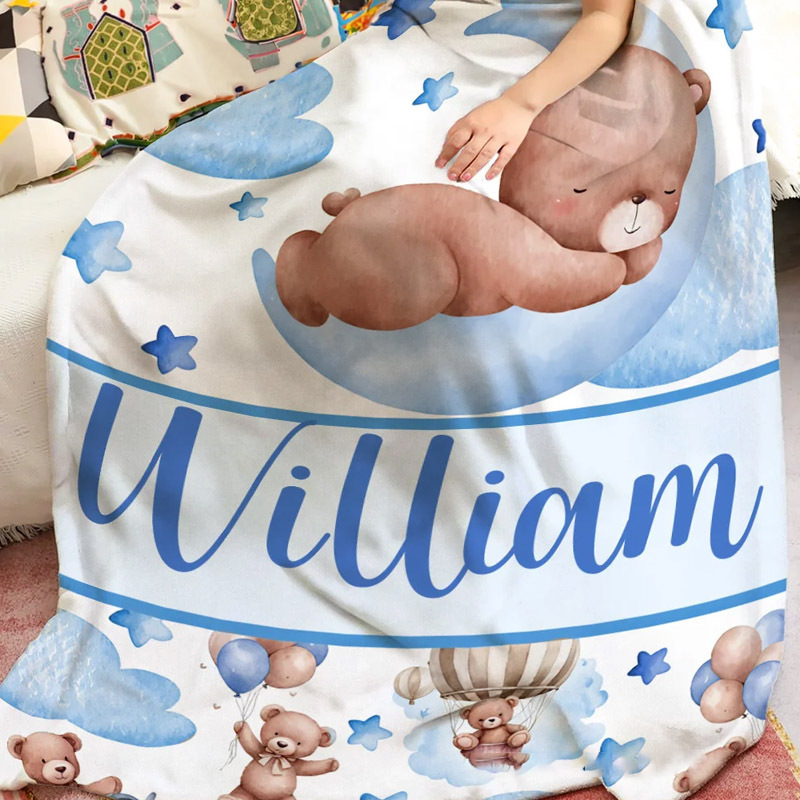 Personalized Sleeping Bear Cloud Moon Star Soft Throw Blanket with Name Home Decor Birthday Gift for Teenagers Kids