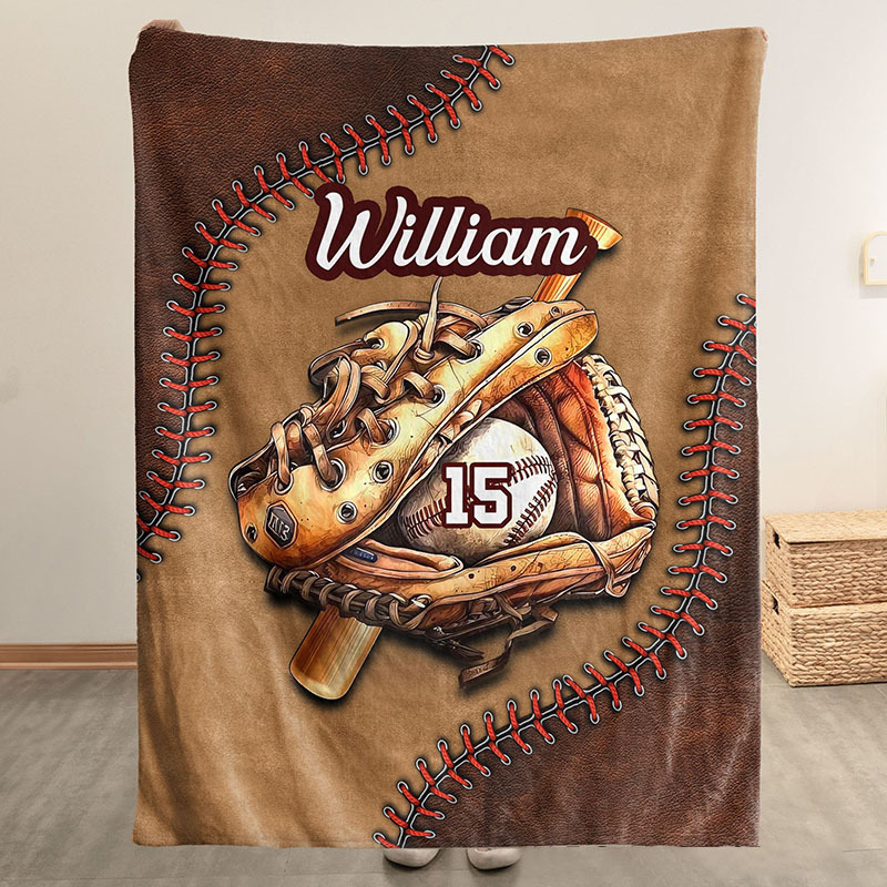 Personalized Baseball Glove Blanket with 3D Stitching Design and Custom Name