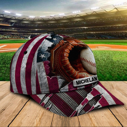 Personalized Baseball Hat Featuring 3D Baseball Glove and American Theme and Custom Name & Number
