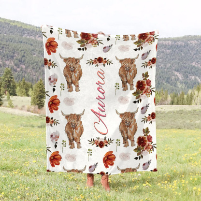 Personalized Cute Highland Cow Soft Cozy Fleece Blanket with Name Baby Shower Christmas Gift for Kids Highland Cow Lover