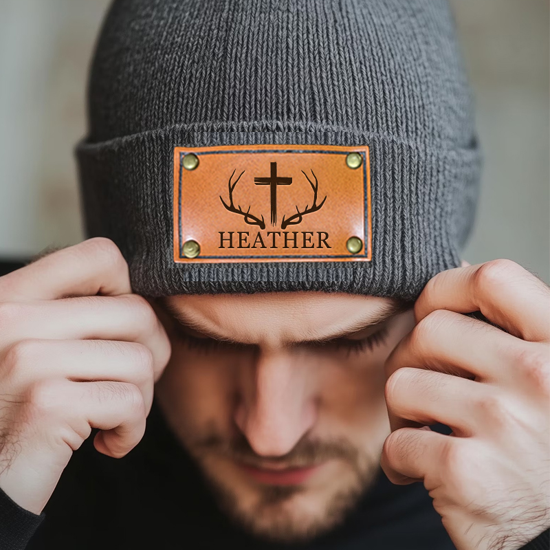 Personalized Leather Patch Beanie Custom Antler and Cross Winter Hat Classic Hunter Winter Hat Gift for Husband Him Boyfriend