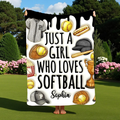 Personalized Softball Blanket with "Just a Girl Who Loves Softball" Design and Custom Name