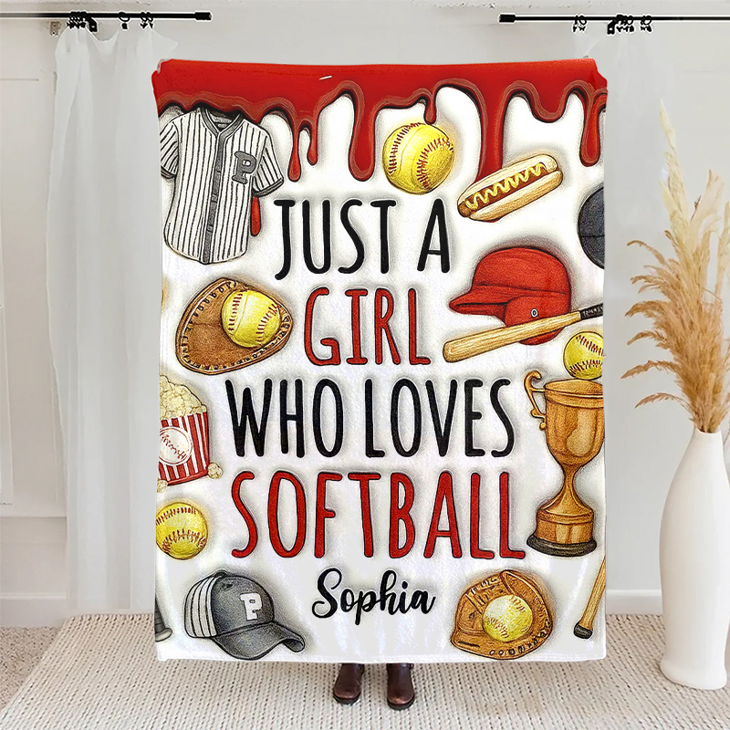 Personalized Softball Blanket with "Just a Girl Who Loves Softball" Design and Custom Name