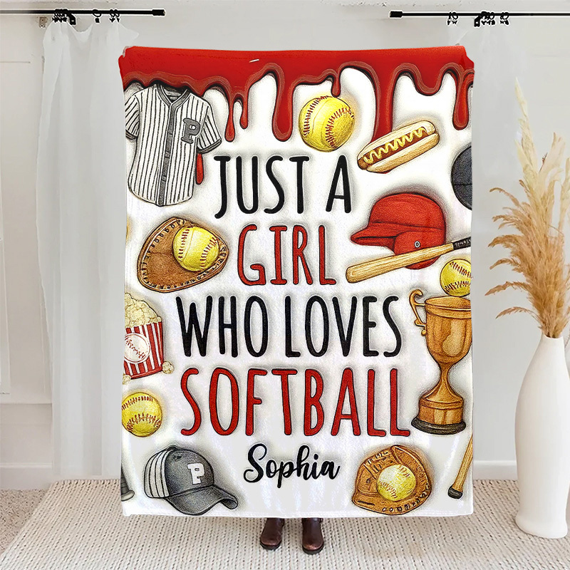 Personalized Softball Blanket with "Just a Girl Who Loves Softball" Design and Custom Name
