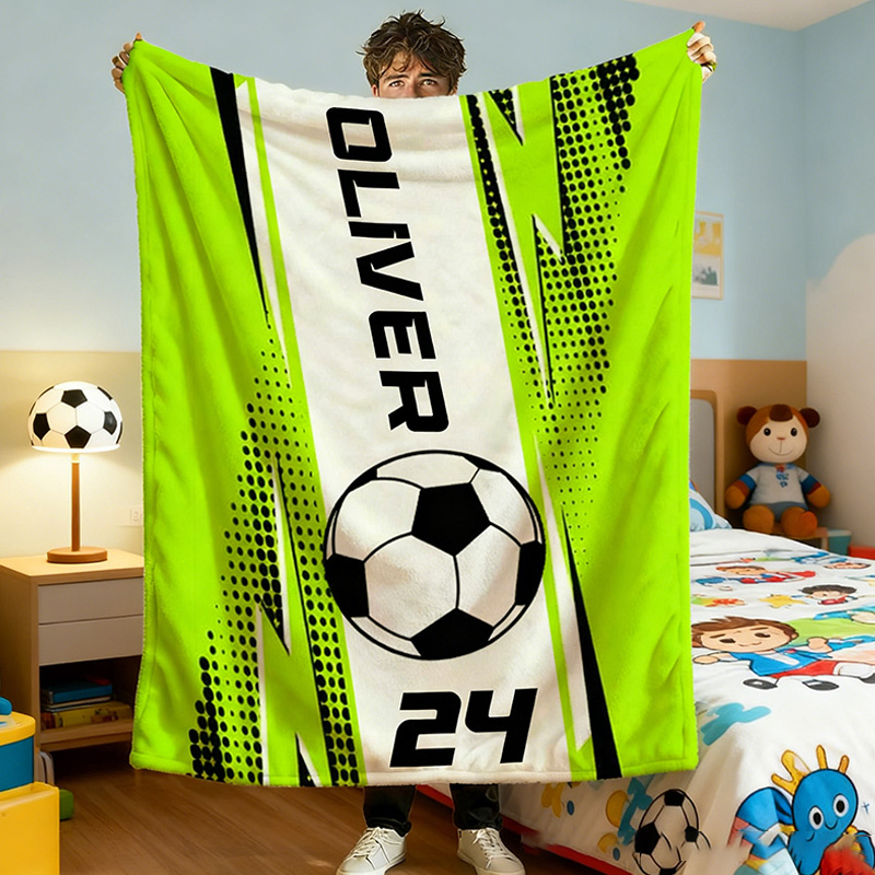 Personalized Soccer Blanket with Custom Name and Jersey Number for Soccer Fans.