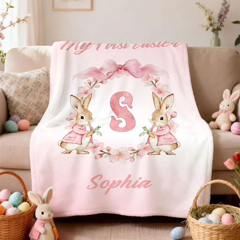 Personalized Watercolor Bunny Bow Wreath Soft Throw Blanket with Title Name and Initial Home Decor Easter Birthday Gift for Kids