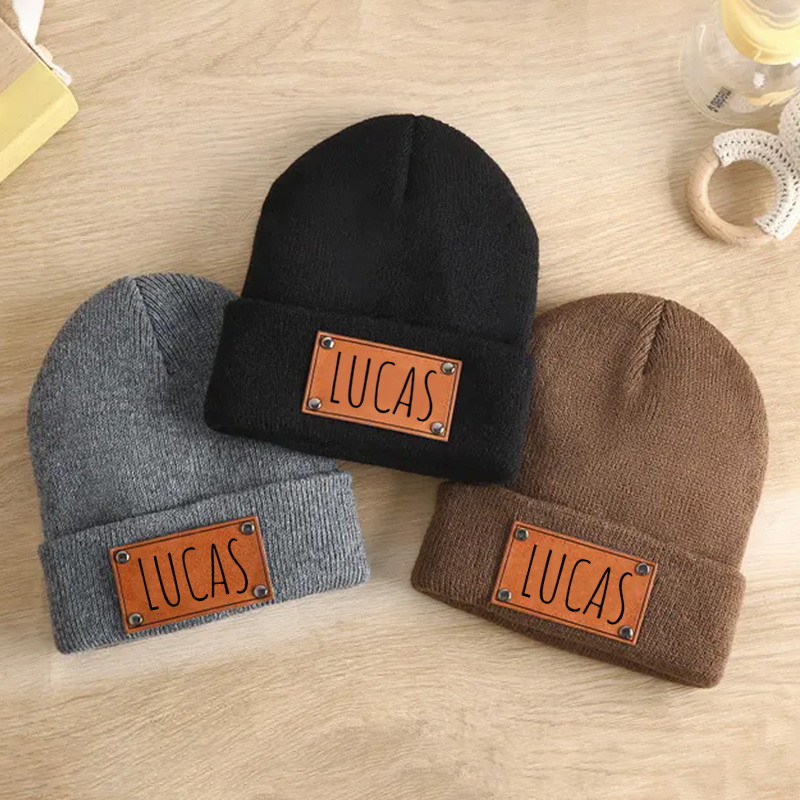 Personalized Beanie with Name Hat Engraved Leather Patch Beanie