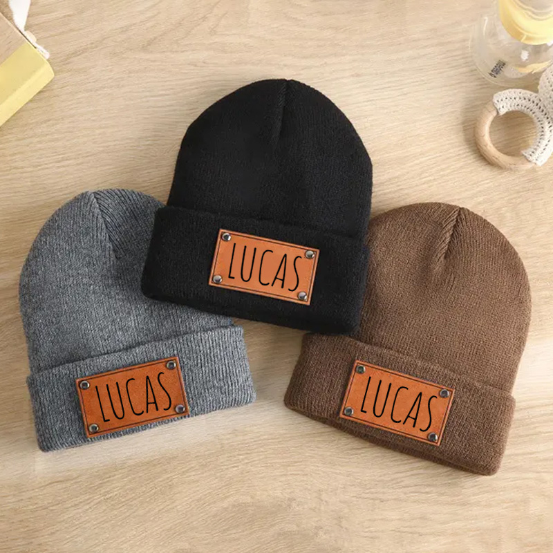 Personalized Beanie with Name Hat Engraved Leather Patch Beanie