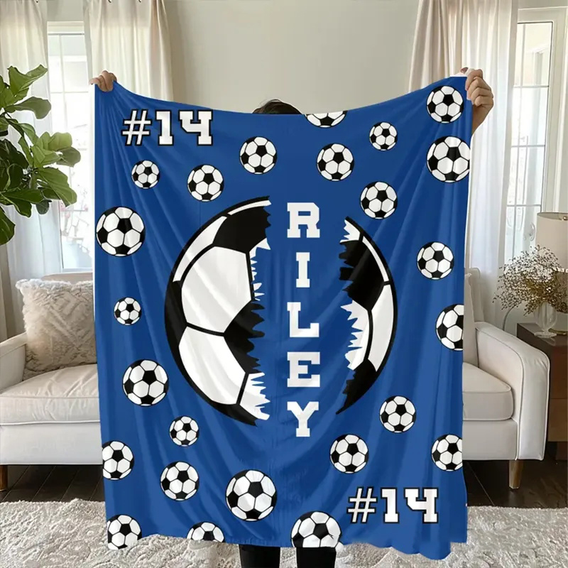 Personalized Soccer Blanket with Custom Name and Number Design