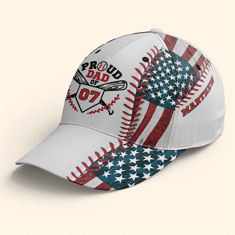 Personalized Proud Dad Baseball Cap with American Flag and Custom Details