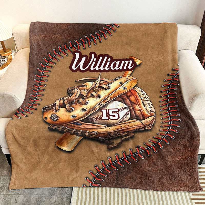 Personalized Baseball Glove Blanket with 3D Stitching Design and Custom Name