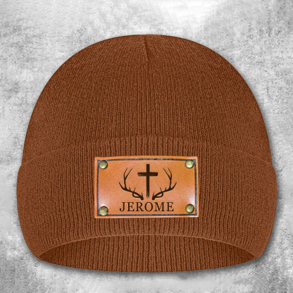 Personalized Leather Patch Beanie Custom Antler and Cross Winter Hat Classic Hunter Winter Hat Gift for Husband Him Boyfriend