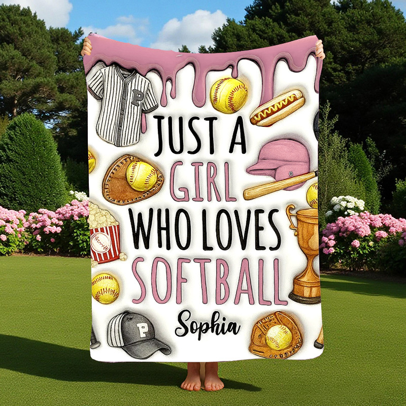 Personalized Softball Blanket with "Just a Girl Who Loves Softball" De