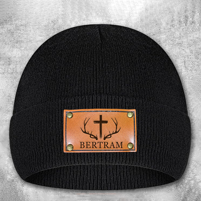 Personalized Leather Patch Beanie Custom Antler and Cross Winter Hat Classic Hunter Winter Hat Gift for Husband Him Boyfriend