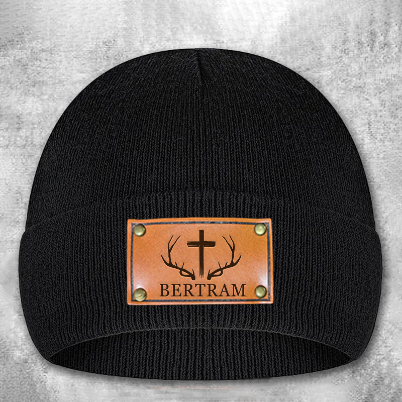 Personalized Leather Patch Beanie Custom Antler and Cross Winter Hat C