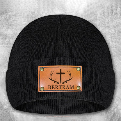 Personalized Leather Patch Beanie Custom Antler and Cross Winter Hat Classic Hunter Winter Hat Gift for Husband Him Boyfriend