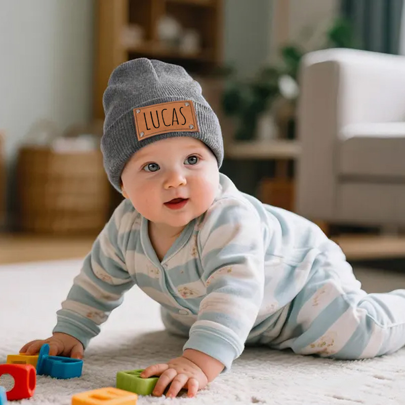 Personalized Beanie with Name Hat Engraved Leather Patch Beanie