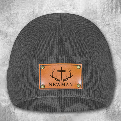 Personalized Leather Patch Beanie Custom Antler and Cross Winter Hat Classic Hunter Winter Hat Gift for Husband Him Boyfriend
