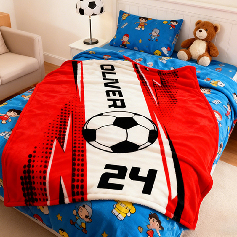 Personalized Soccer Blanket with Custom Name and Jersey Number for Soccer Fans.