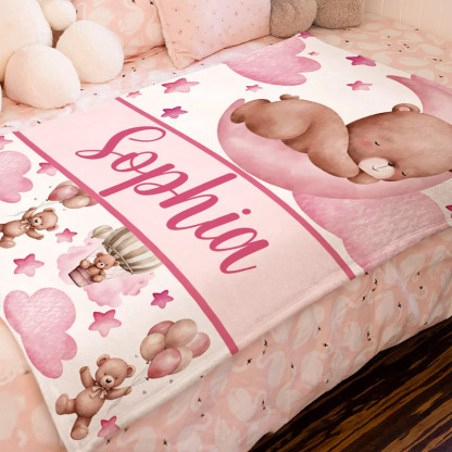 Personalized Sleeping Bear Cloud Moon Star Soft Throw Blanket with Name Home Decor Birthday Gift for Teenagers Kids