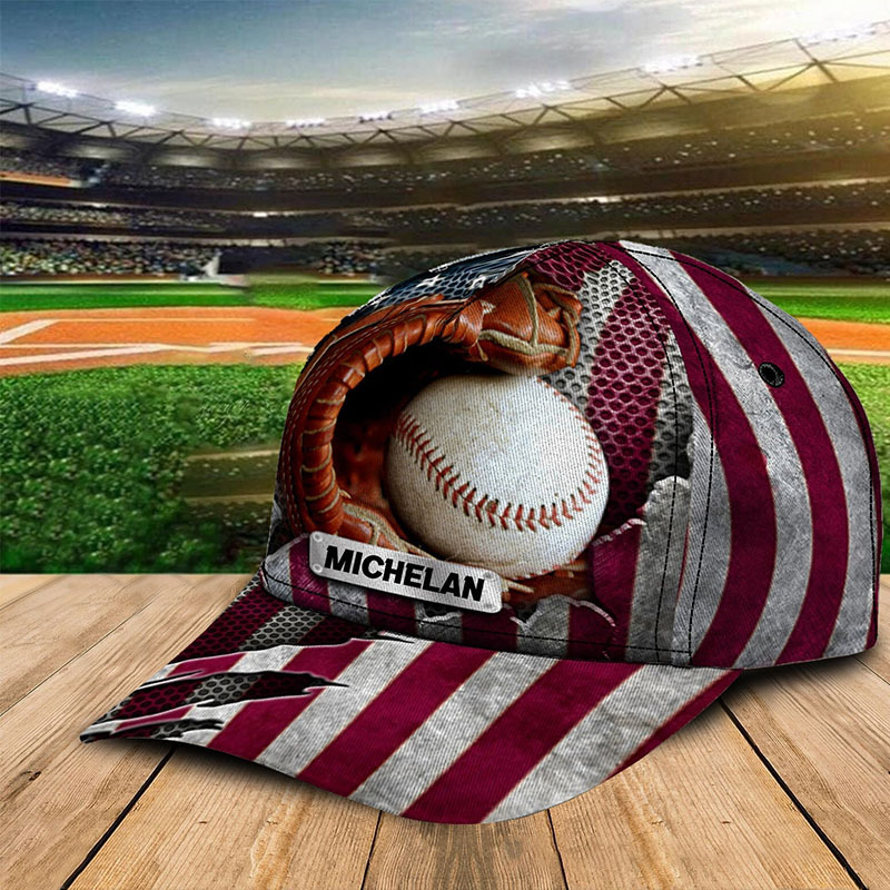 Personalized Baseball Hat Featuring 3D Baseball Glove and American Theme and Custom Name & Number