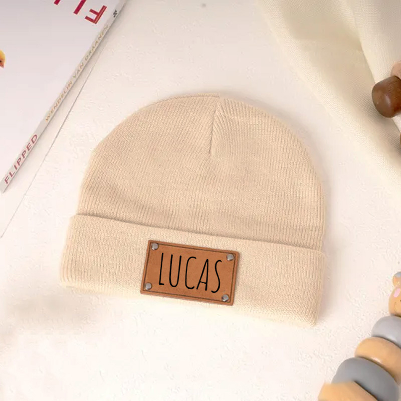 Personalized Beanie with Name Hat Engraved Leather Patch Beanie