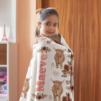 Personalized Cute Highland Cow Soft Cozy Fleece Blanket with Name Baby Shower Christmas Gift for Kids Highland Cow Lover