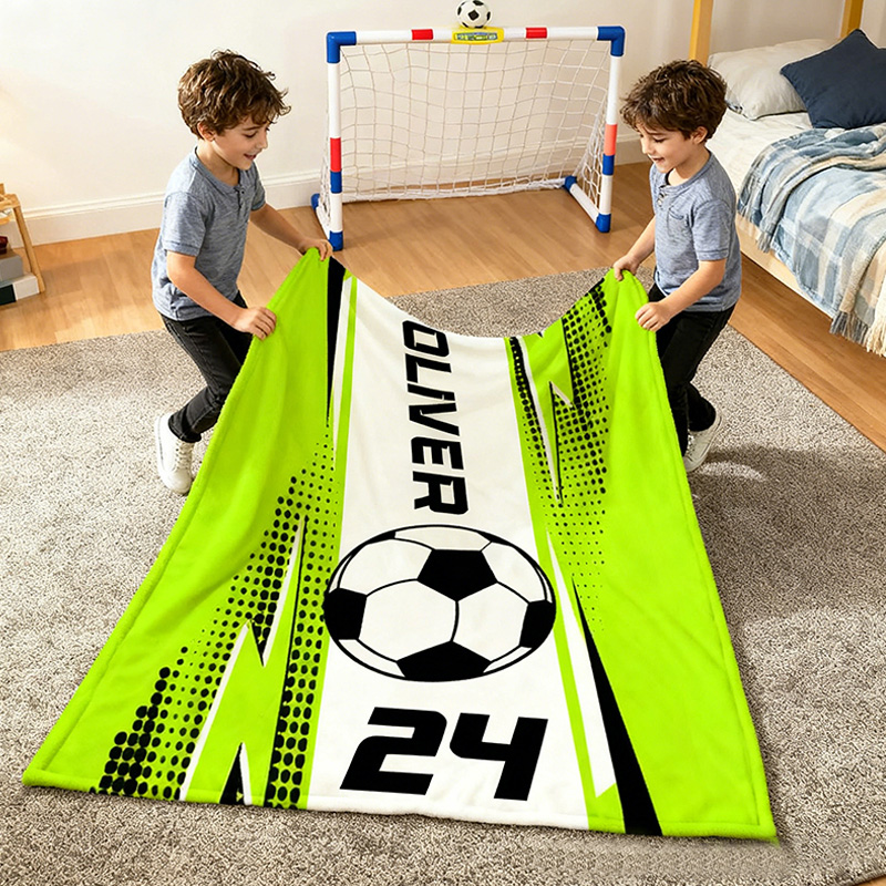 Personalized Soccer Blanket with Custom Name and Jersey Number for Soccer Fans.