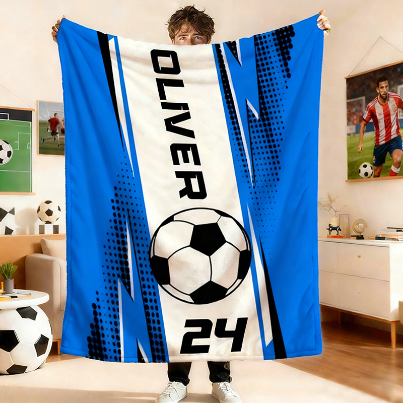 Personalized Soccer Blanket with Custom Name and Jersey Number for Soccer Fans.