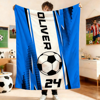 Personalized Soccer Blanket with Custom Name and Jersey Number for Soccer Fans.