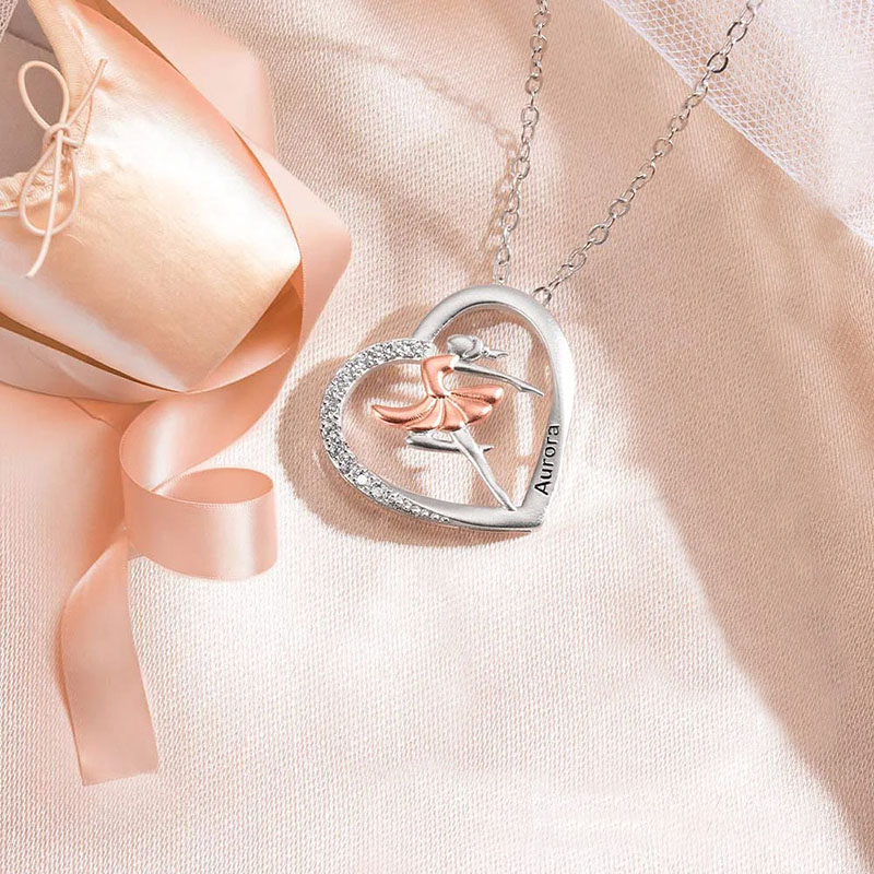 Personalized Ballet Dancing Girl Necklace with Zircon and Engraved Name Heart Pendant Jewelry Gift for Ballerina Dance Lover for Women Girls