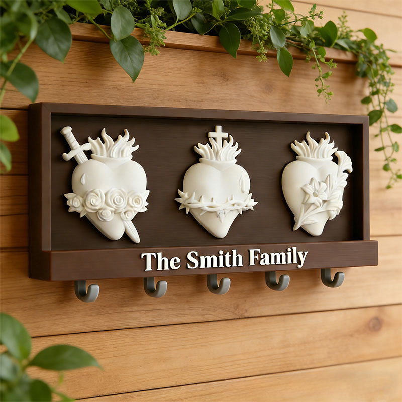 Personalized Sacred Hearts Wall Hanging Rack with Custom Family Name Catholic Home Decor Wall Art Key Hanger Religious Gift Catholic Gift