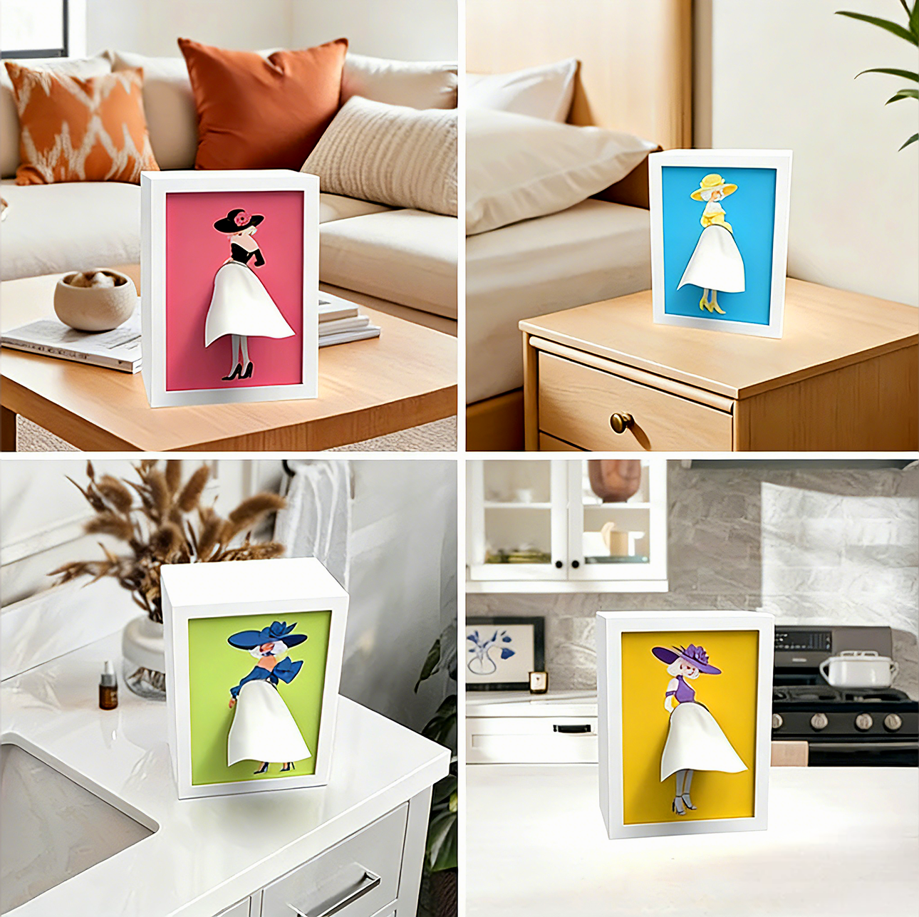 Illuminated photo frame tissue box with replaceable patterns, multi-functional tissue box for desktops, dining tables, beds, and cabinets.