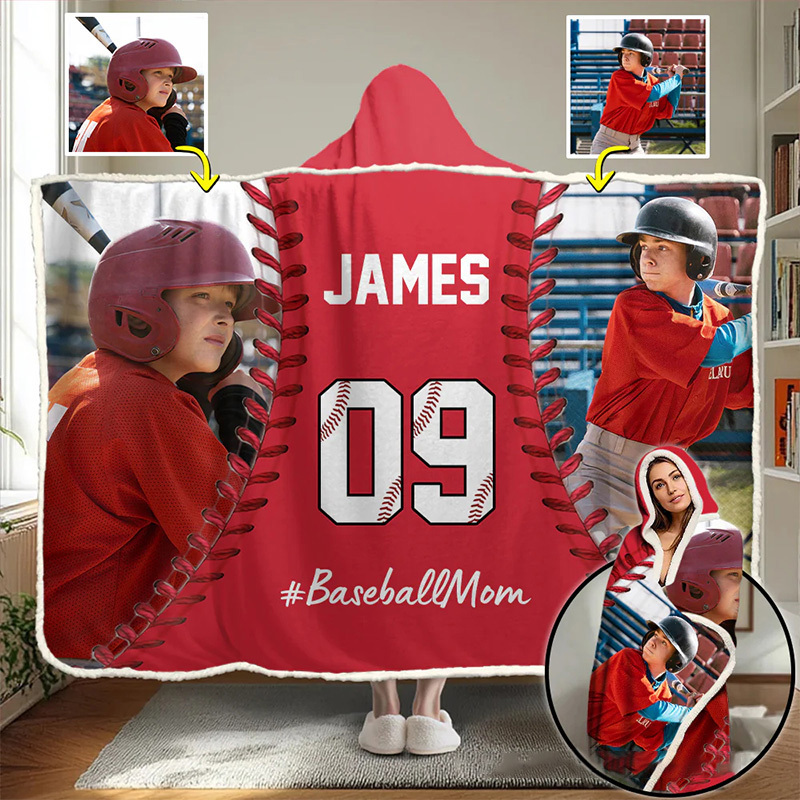 Personalized Photo Wearable Blanket Hoodie with Custom Name and Photo Baseball Mom