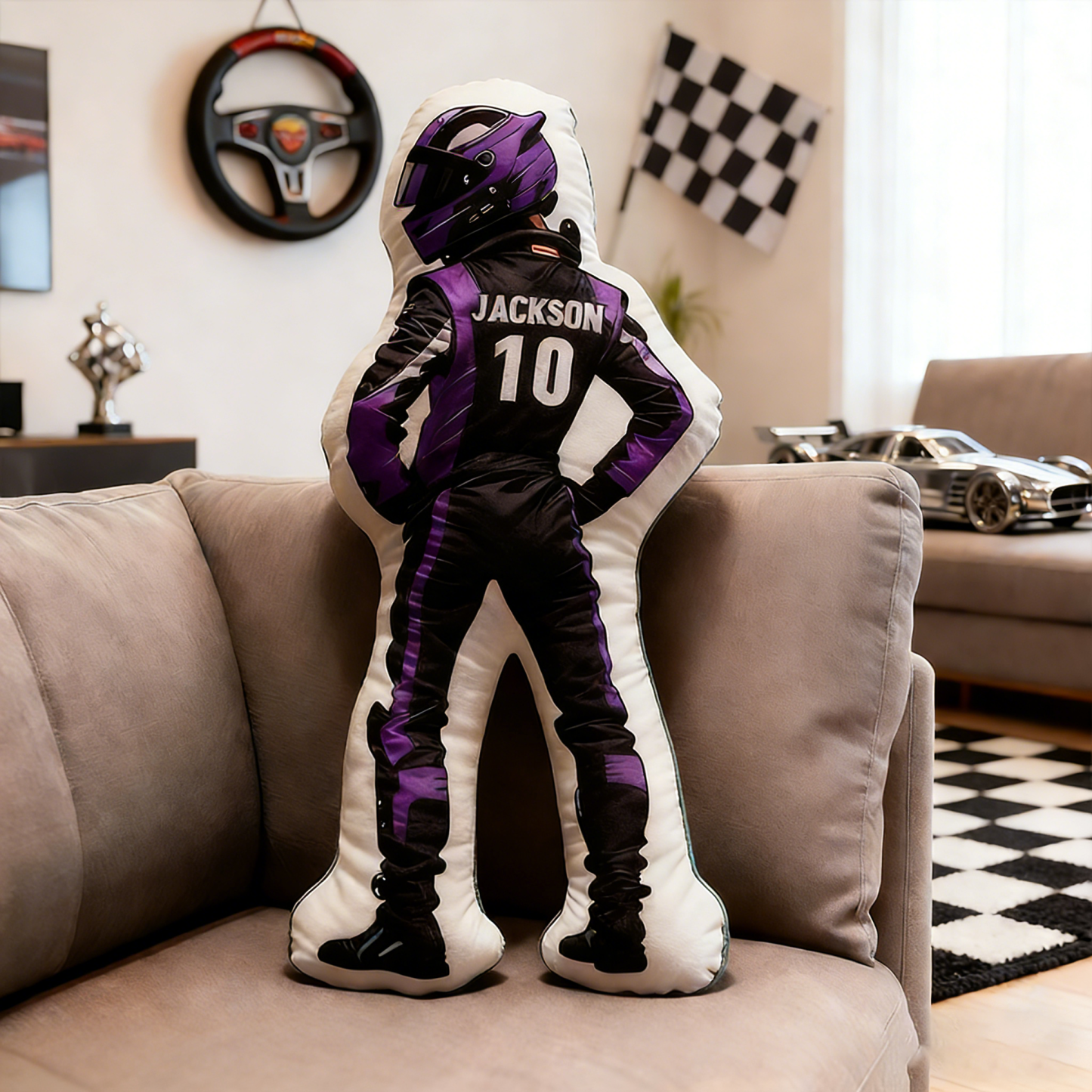 Personalized Racing Driver Shaped Pillow Custom Name and Number Race Suit Cushion Gift for Racing and Motorsport Lovers