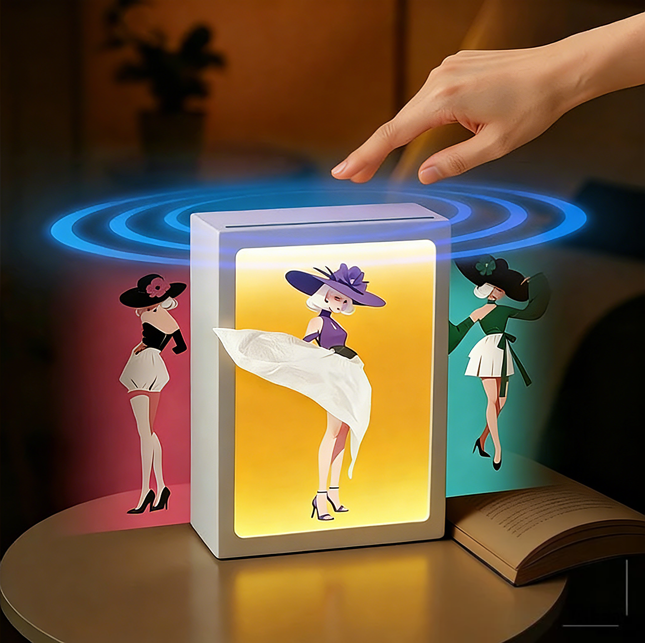 Illuminated photo frame tissue box with replaceable patterns, multi-functional tissue box for desktops, dining tables, beds, and cabinets.