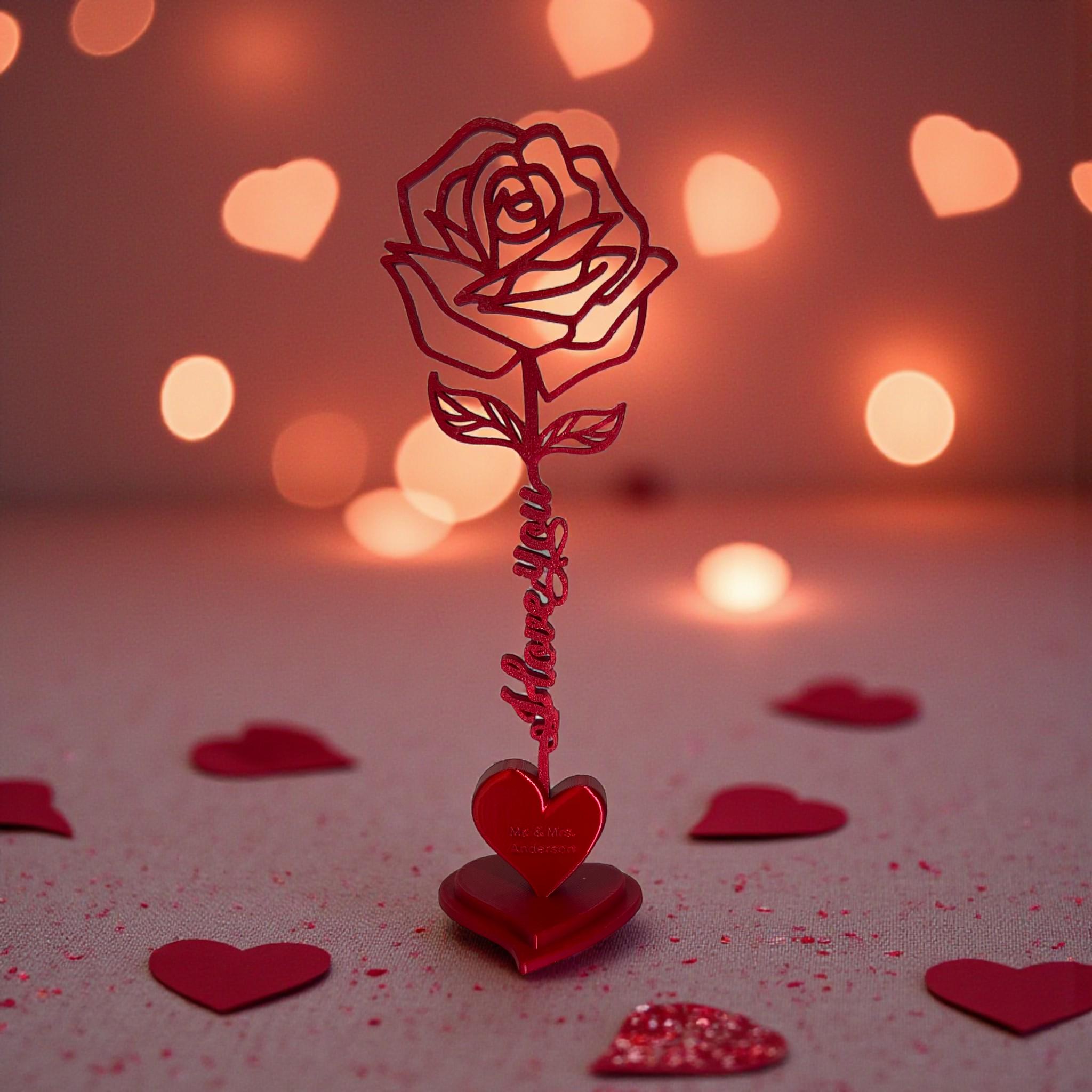 Personalized 3D Printed Rose Flower Valentine Gift for Her with Name for Couples Desk Home