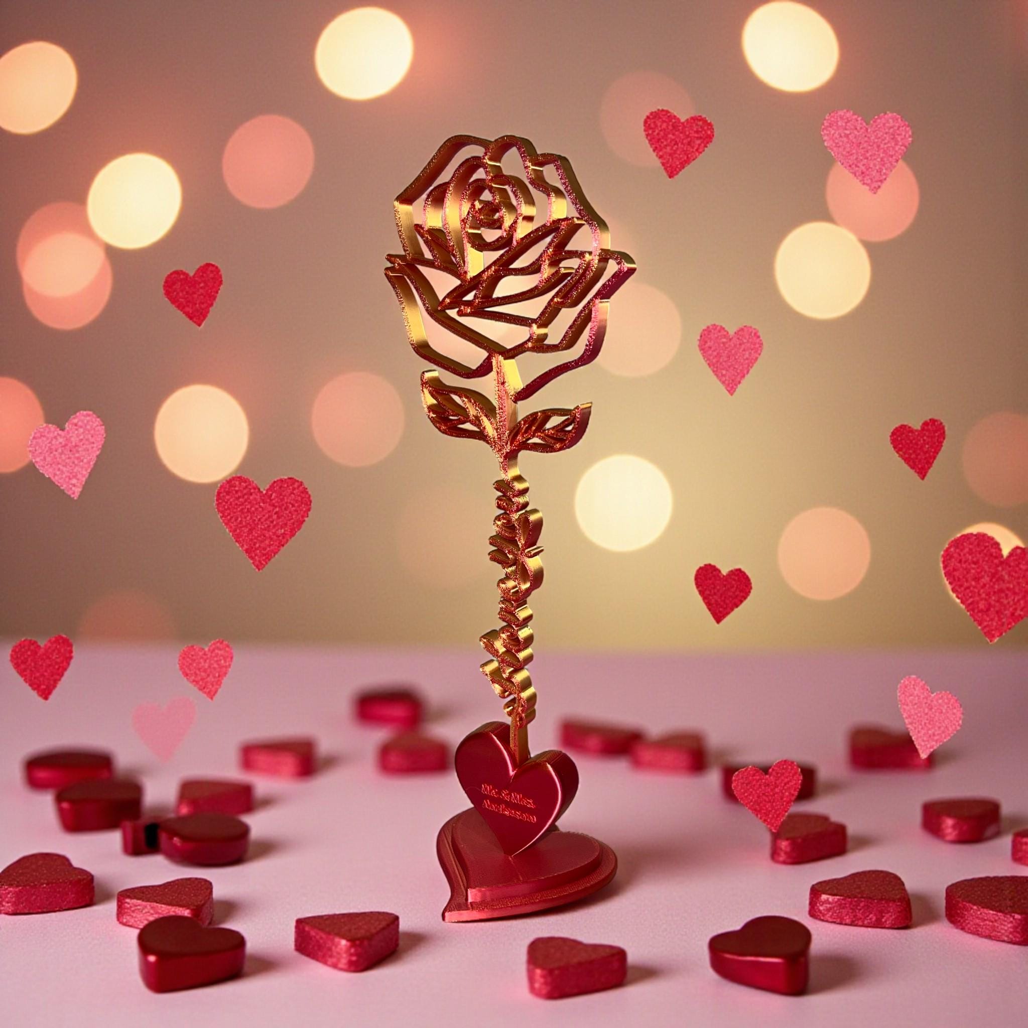 Personalized 3D Printed Rose Flower Valentine Gift for Her with Name for Couples Desk Home
