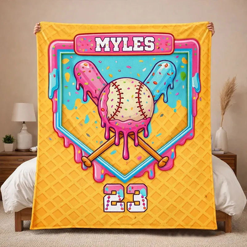 Personalized Baseball Blanket with Melting Ice Cream Baseball Custom Name and Number Baseball Lovers