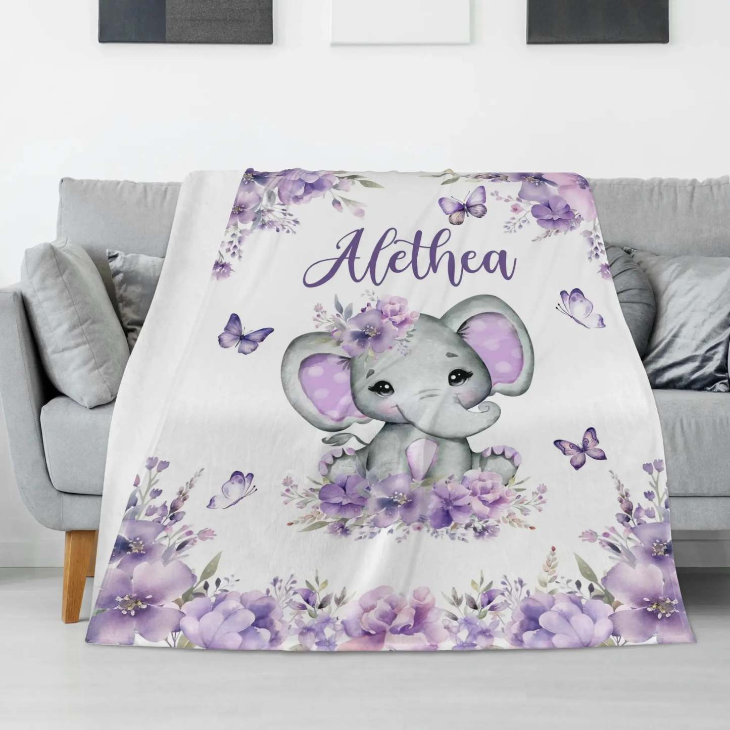 Personalized Watercolor Cute Elephant Baby Name Blanket - Gift for bab