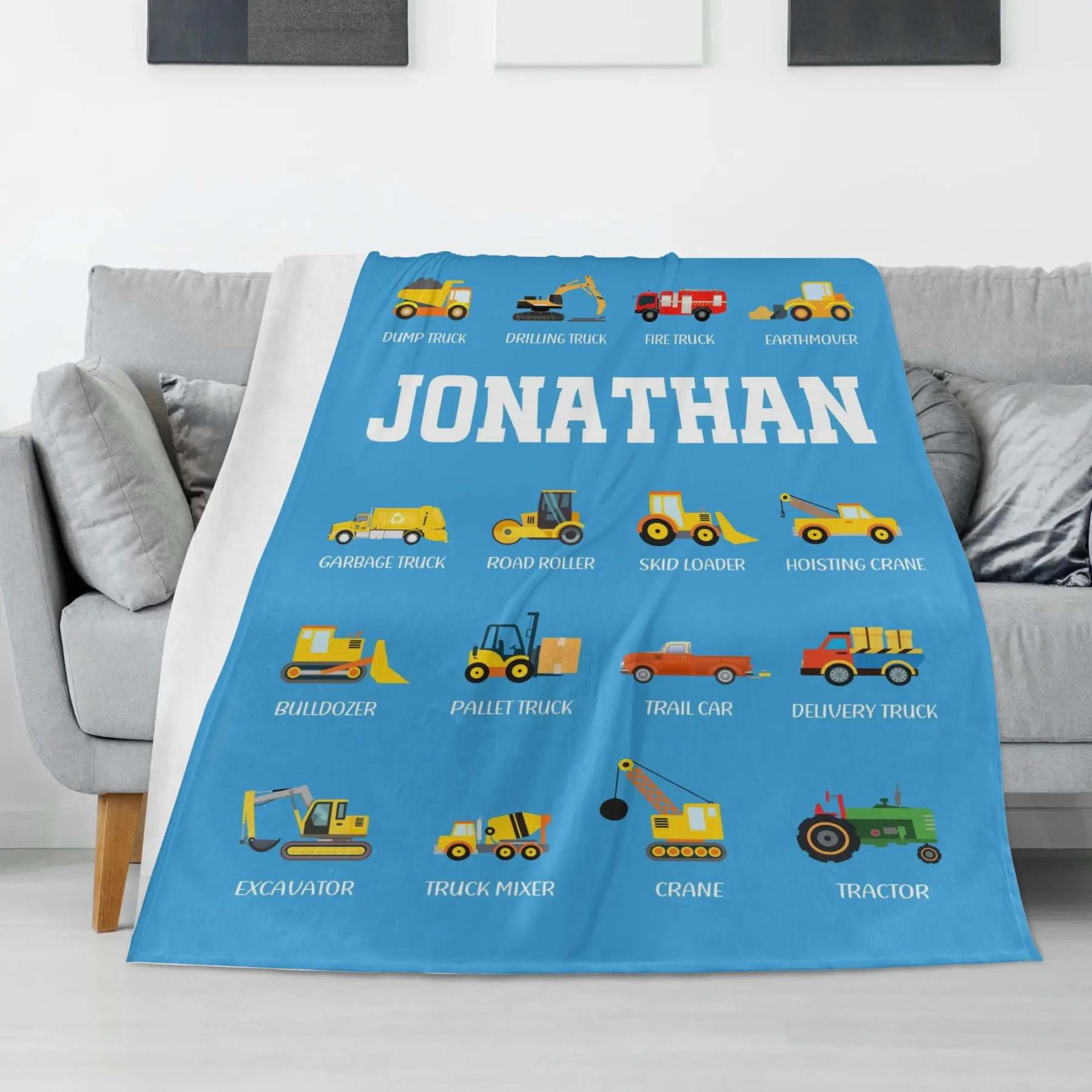 Personalized Construction Tool Truck Graphic Name Blanket - Gift for K