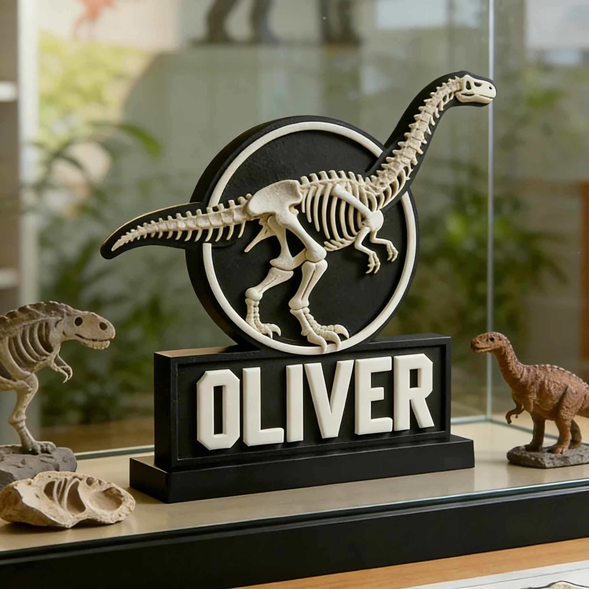 Personalized Sauropod Skeleton Name Sign - PLA 3D Printed Dino Decor, Custom Kids’ Room Accent, Gift for Paleontology Fans